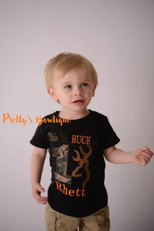 1st Birthday Camo Boy Bodysuit / T Shirt Customizable for Any Age, Personalized with Name -- This lil Buck is one