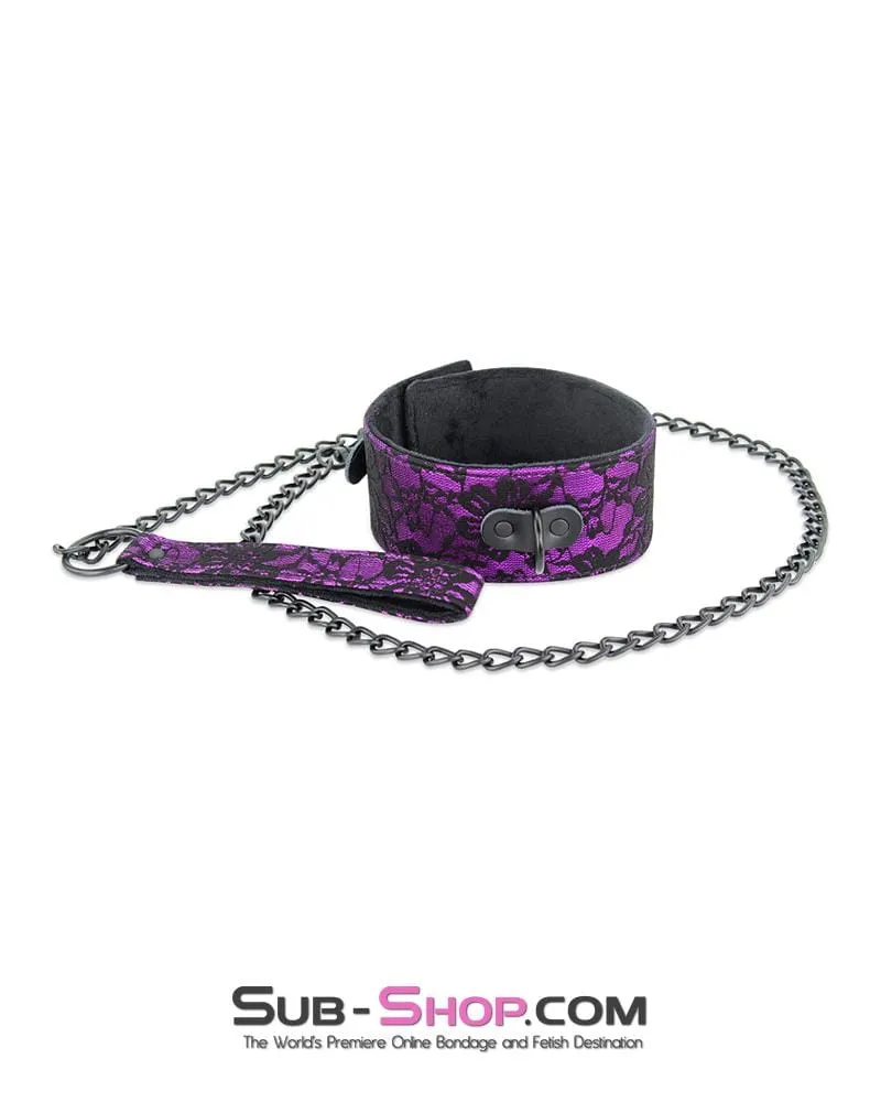 3431M-SIS      Pretty Sissy Boi Royal Leadership Dungeon Mistress Fur Lined Purple Lace Collar and Leash Set