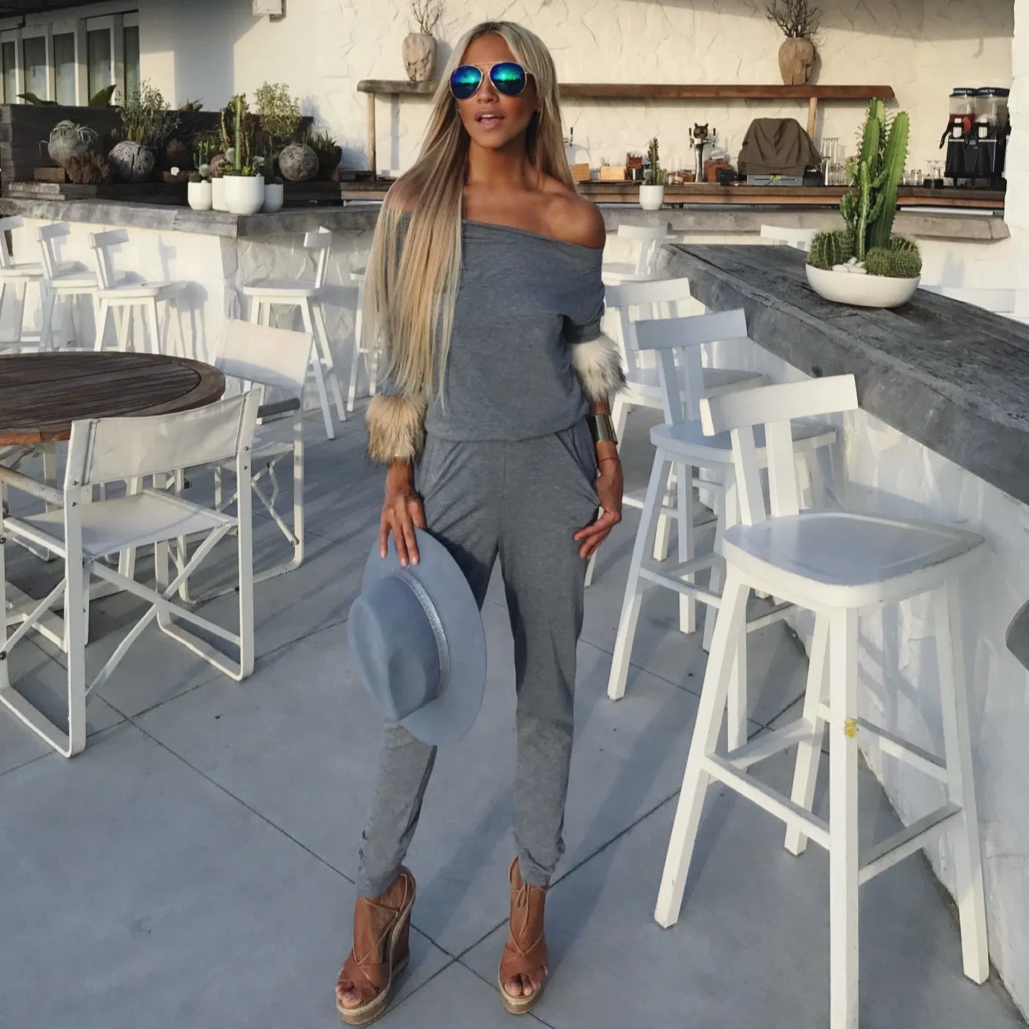 67 Gray off the shoulder Jumpsuit - The Park Avenue