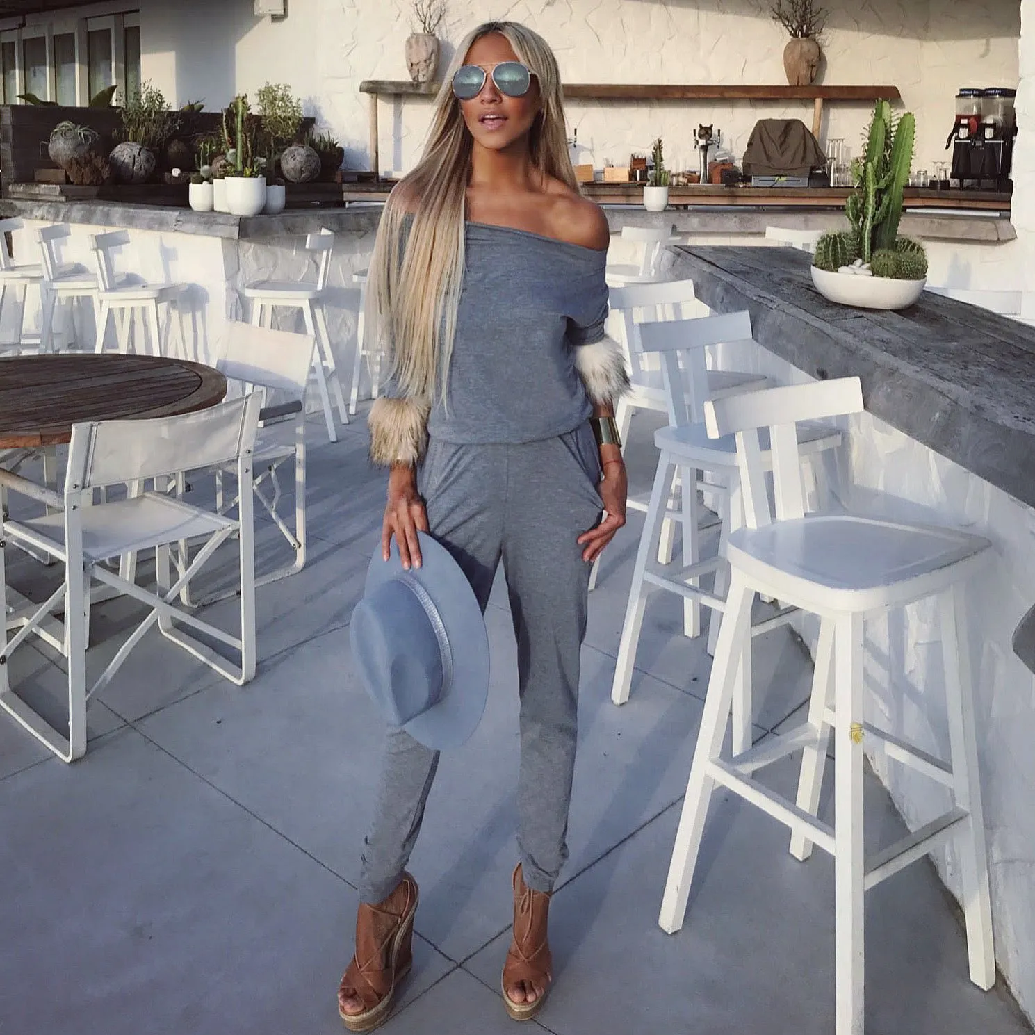 67 Gray off the shoulder Jumpsuit - The Park Avenue