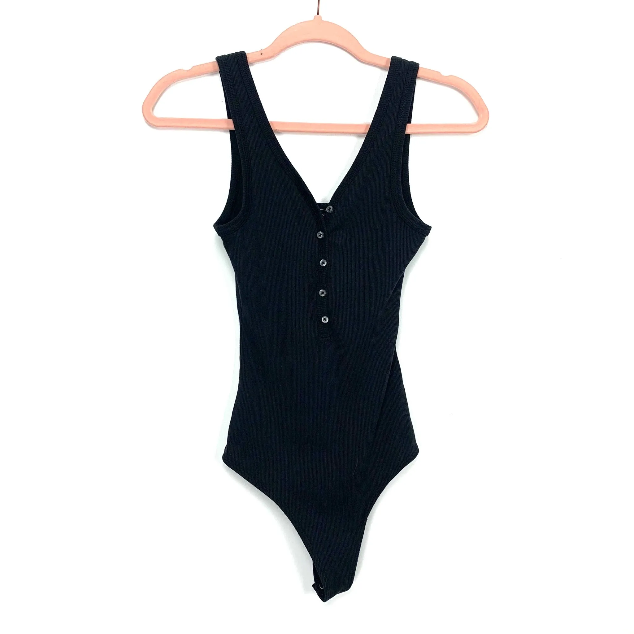 Abercrombie & Fitch Black Ribbed Button Thong Bodysuit- Size S