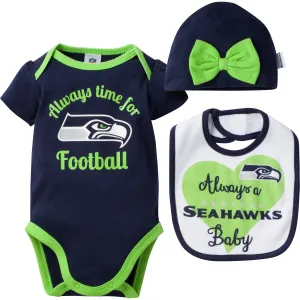 Always a Seahawks Baby Girl Bodysuit, Bib and Cap Set