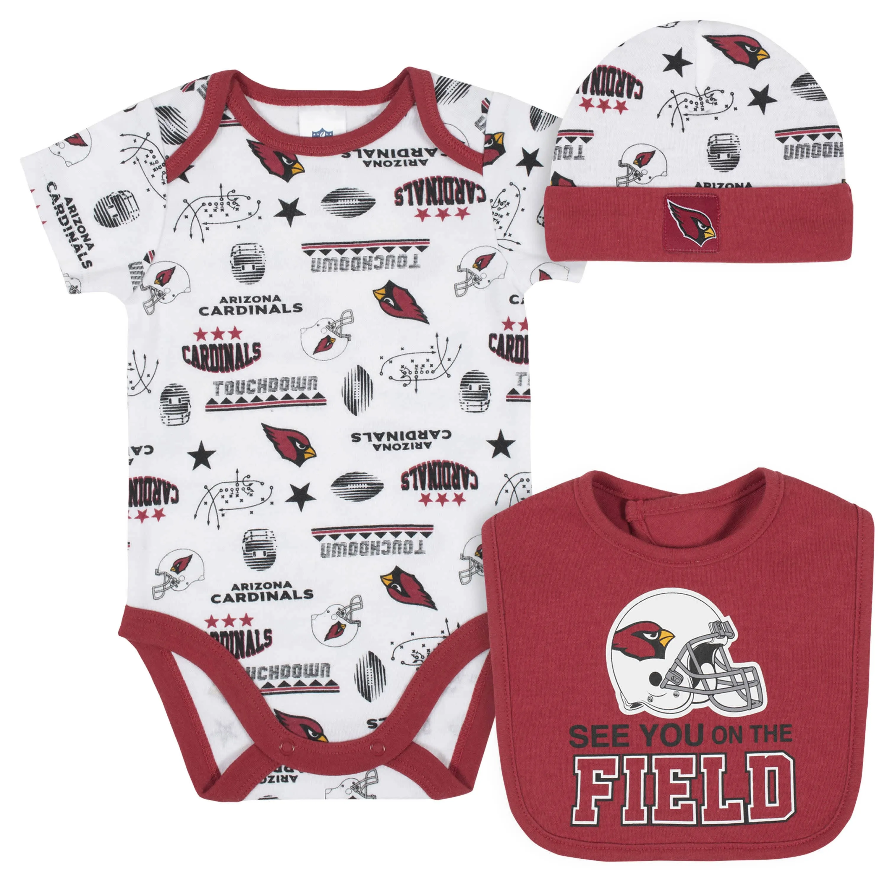 Arizona Cardinals 3-Piece Baby Boys Bodysuit, Bib, and Cap Set