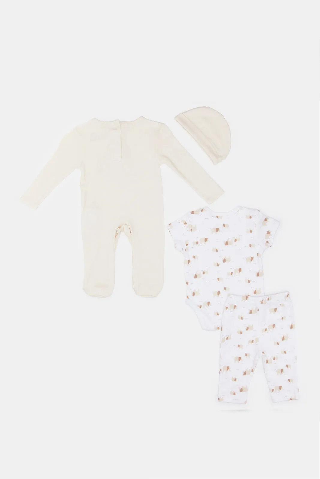 Babies Beige And White Elephant Print Gift Set (4 Piece)