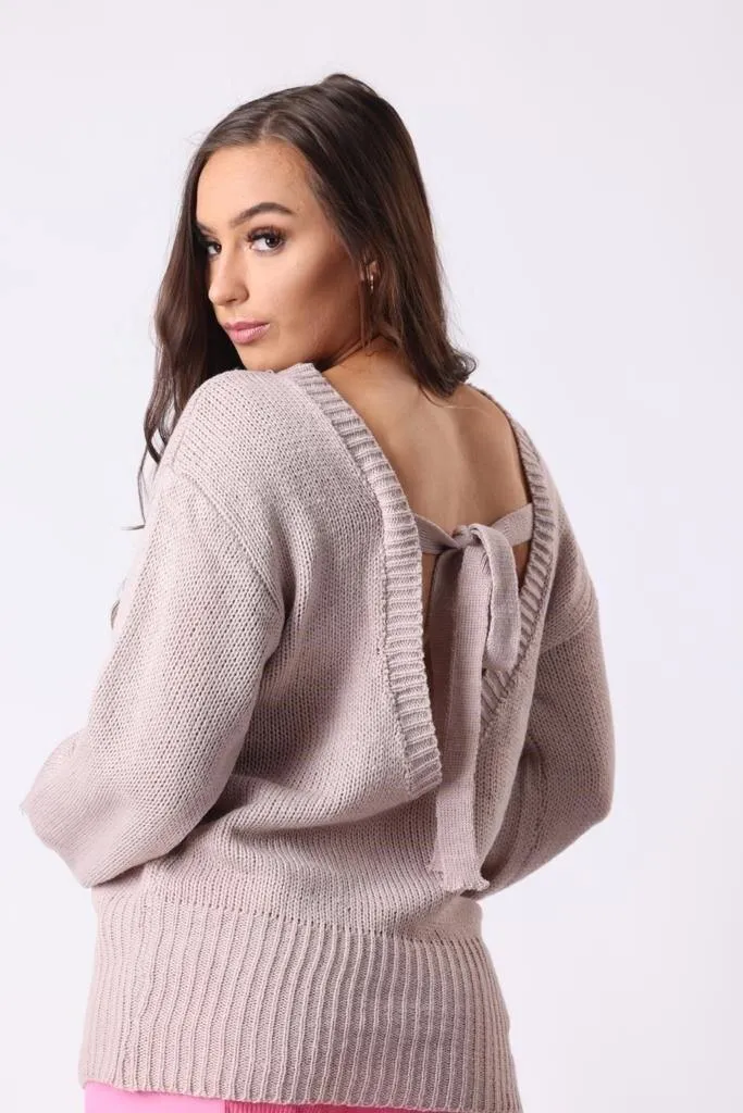 Backless Bell Sleeve Jumper in Beige