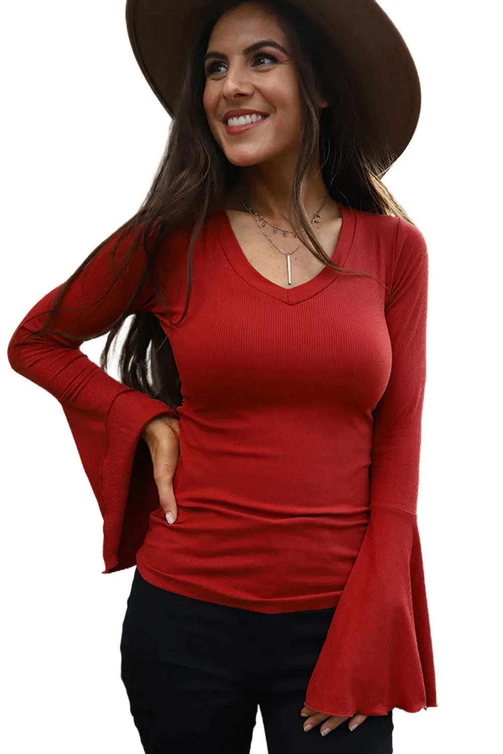 Basic V Neck Flounce Sleeve Knit Top