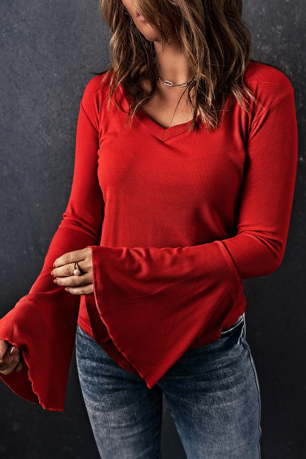 Basic V Neck Flounce Sleeve Knit Top