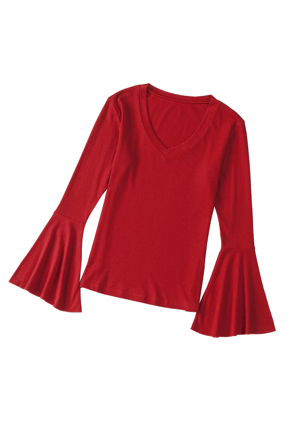 Basic V Neck Flounce Sleeve Knit Top