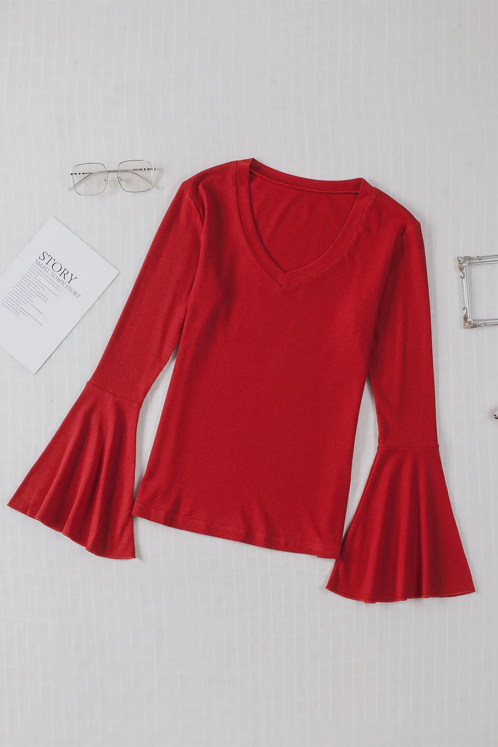 Basic V Neck Flounce Sleeve Knit Top