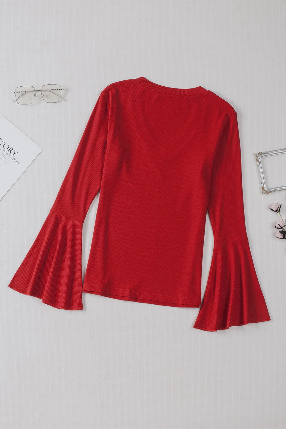 Basic V Neck Flounce Sleeve Knit Top