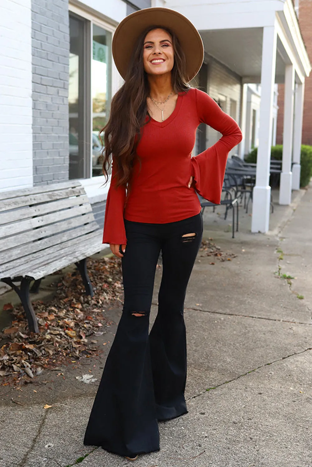 Basic V Neck Flounce Sleeve Knit Top