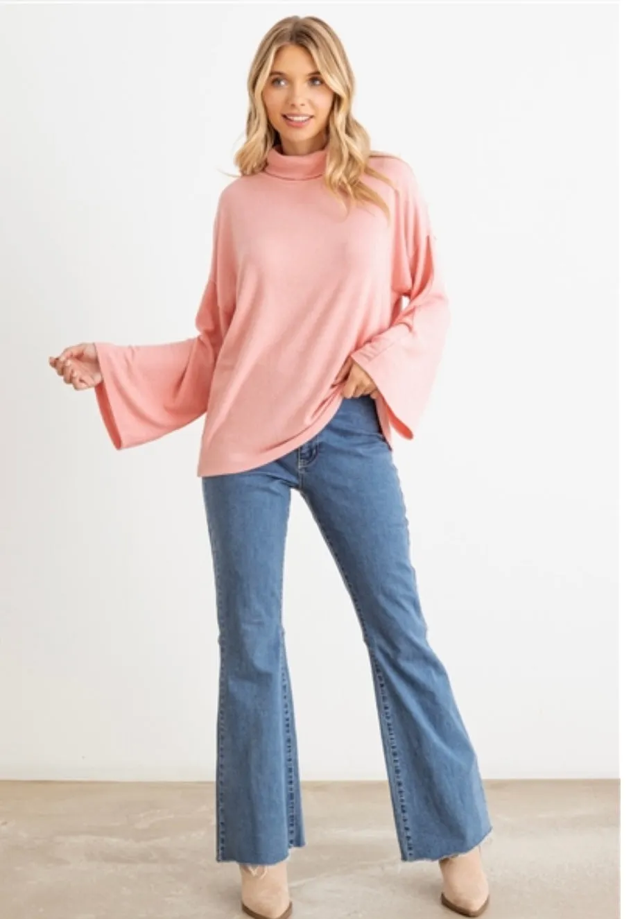 Bella Pink Wide Sleeve Womens Turtleneck