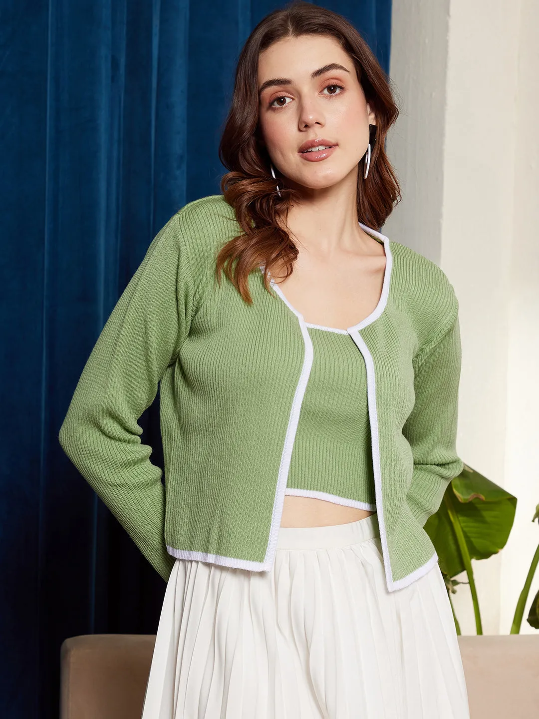 Berrylush Women Solid Green & White Scoop Neck Contrast Trim Acrylic Ribbed Hem Knitted Cardigan & Crop Top Sweater