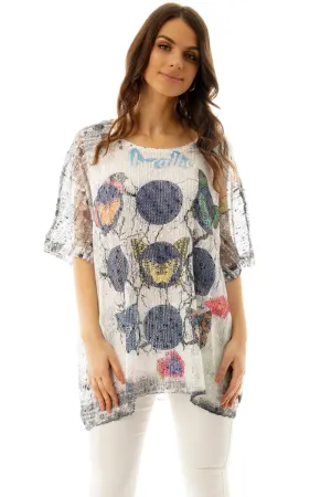 Bird and Butterfly Print Fine Knit Crochet Top