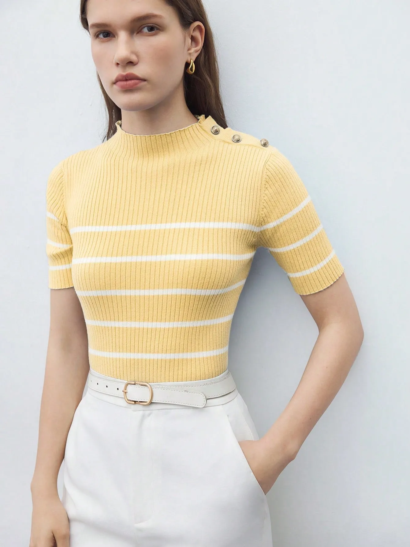 BIZwear Casual Women Stand Collar Striped Knit Short Sleeve Top