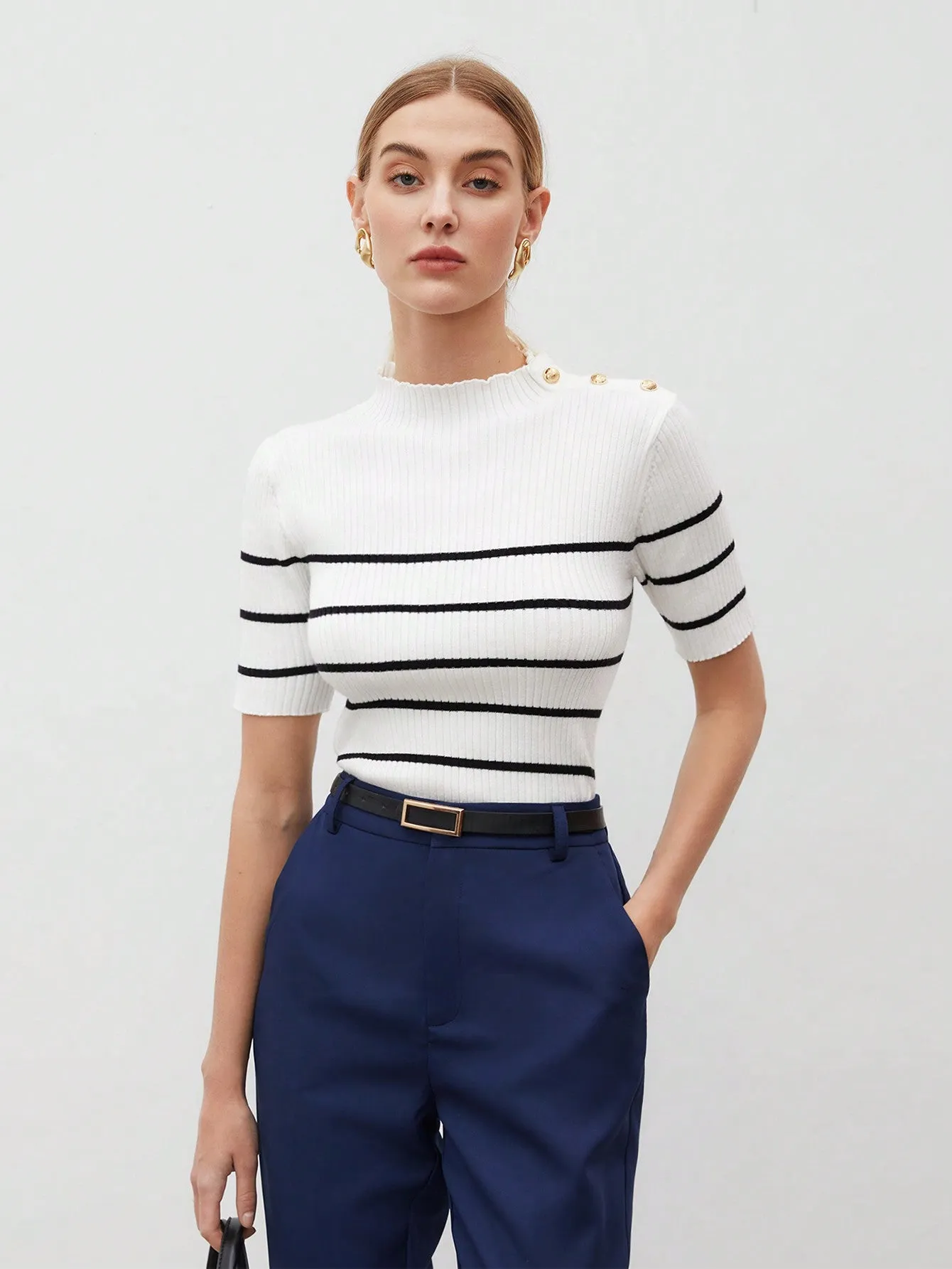 BIZwear Casual Women Stand Collar Striped Knit Short Sleeve Top