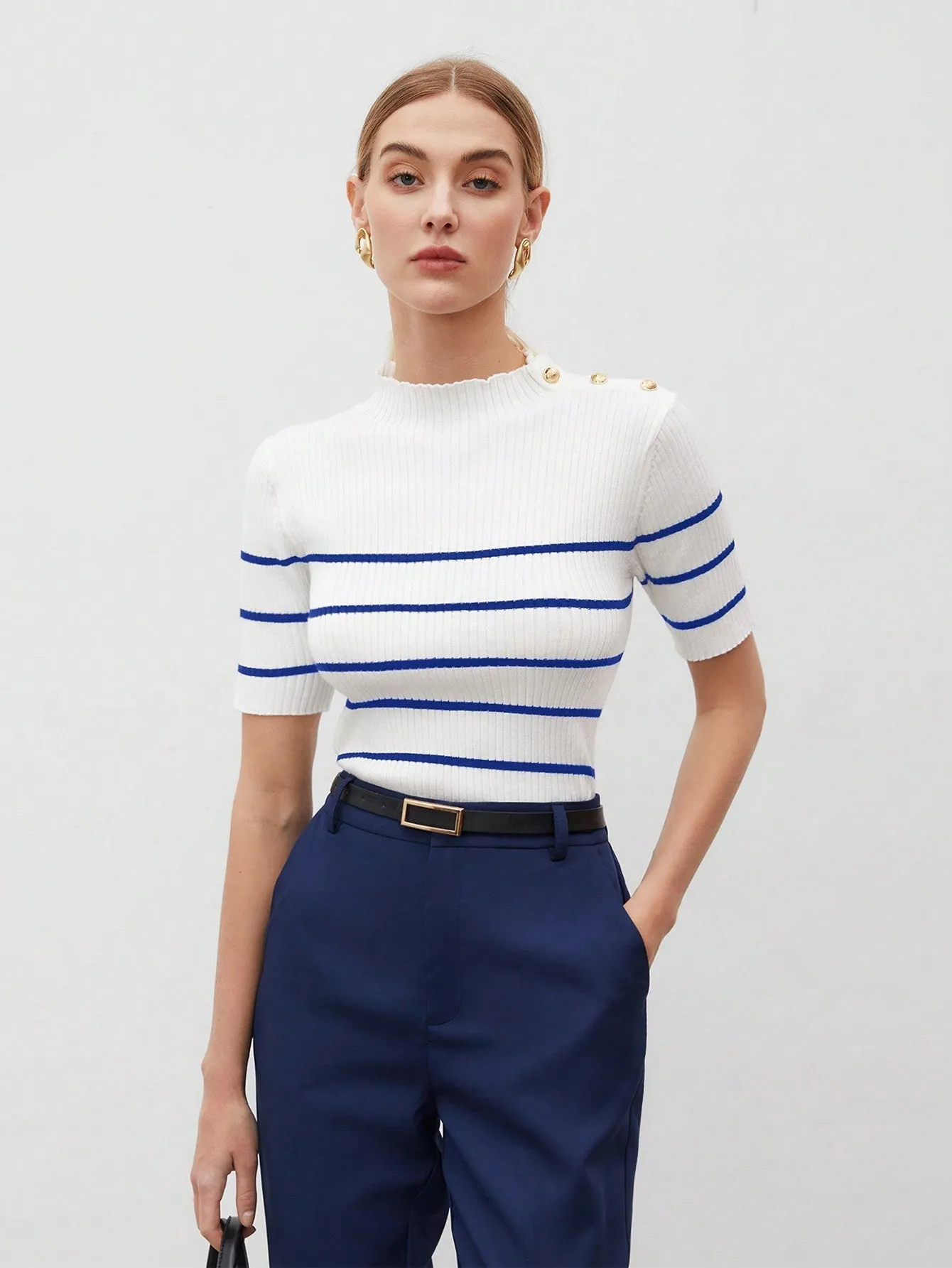 BIZwear Casual Women Stand Collar Striped Knit Short Sleeve Top