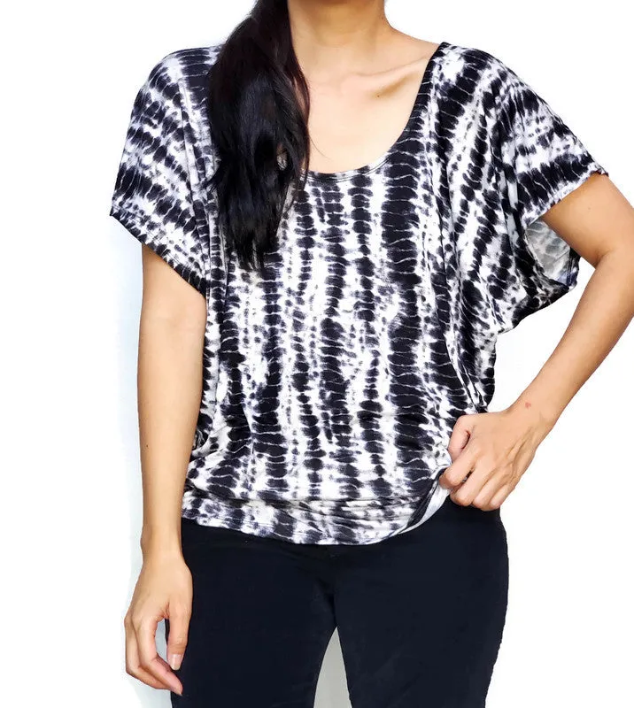 Black and White Tire Like Tie Dye  Dolman Top