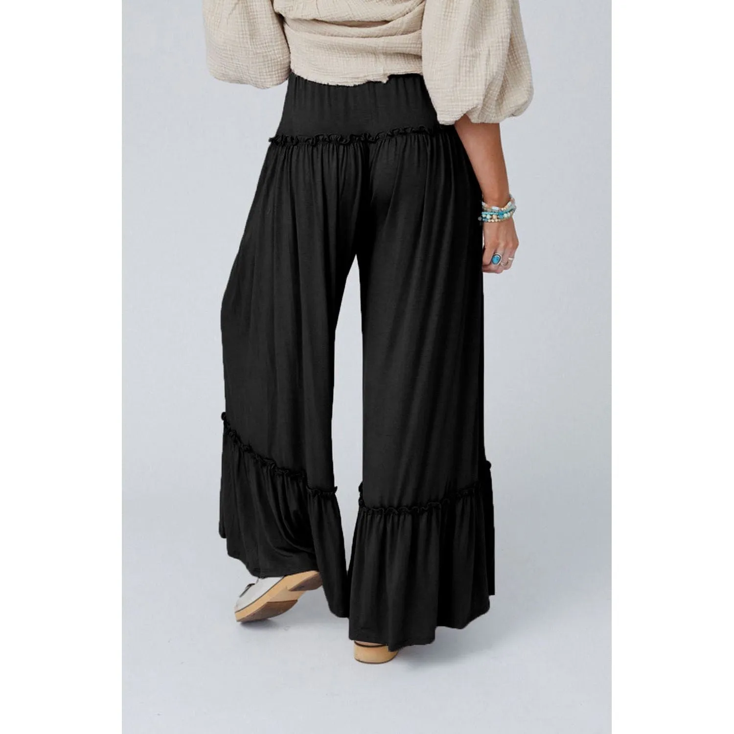 Black Frilled Drawstring High Waist Wide Leg Pants