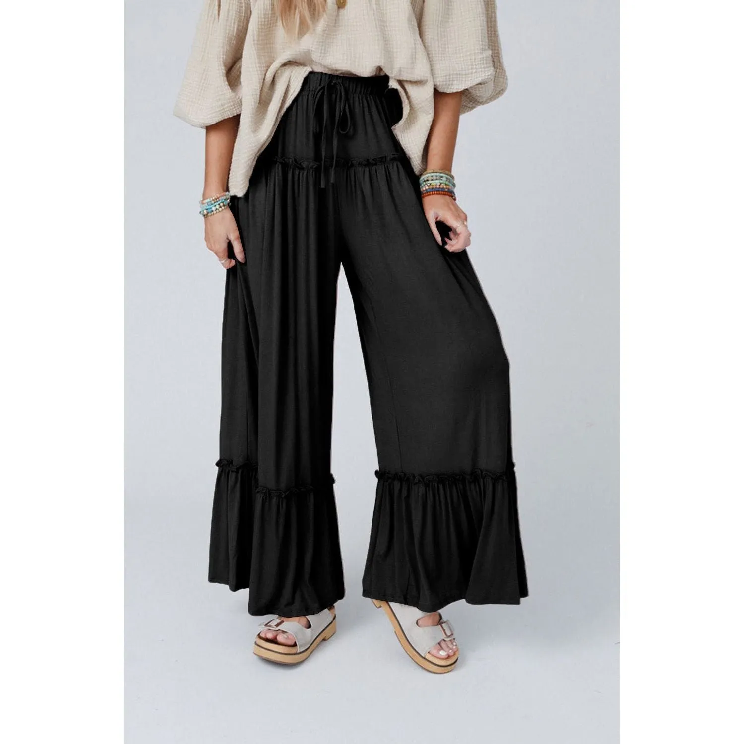 Black Frilled Drawstring High Waist Wide Leg Pants