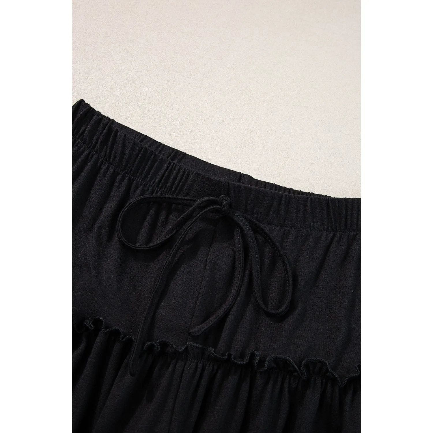 Black Frilled Drawstring High Waist Wide Leg Pants