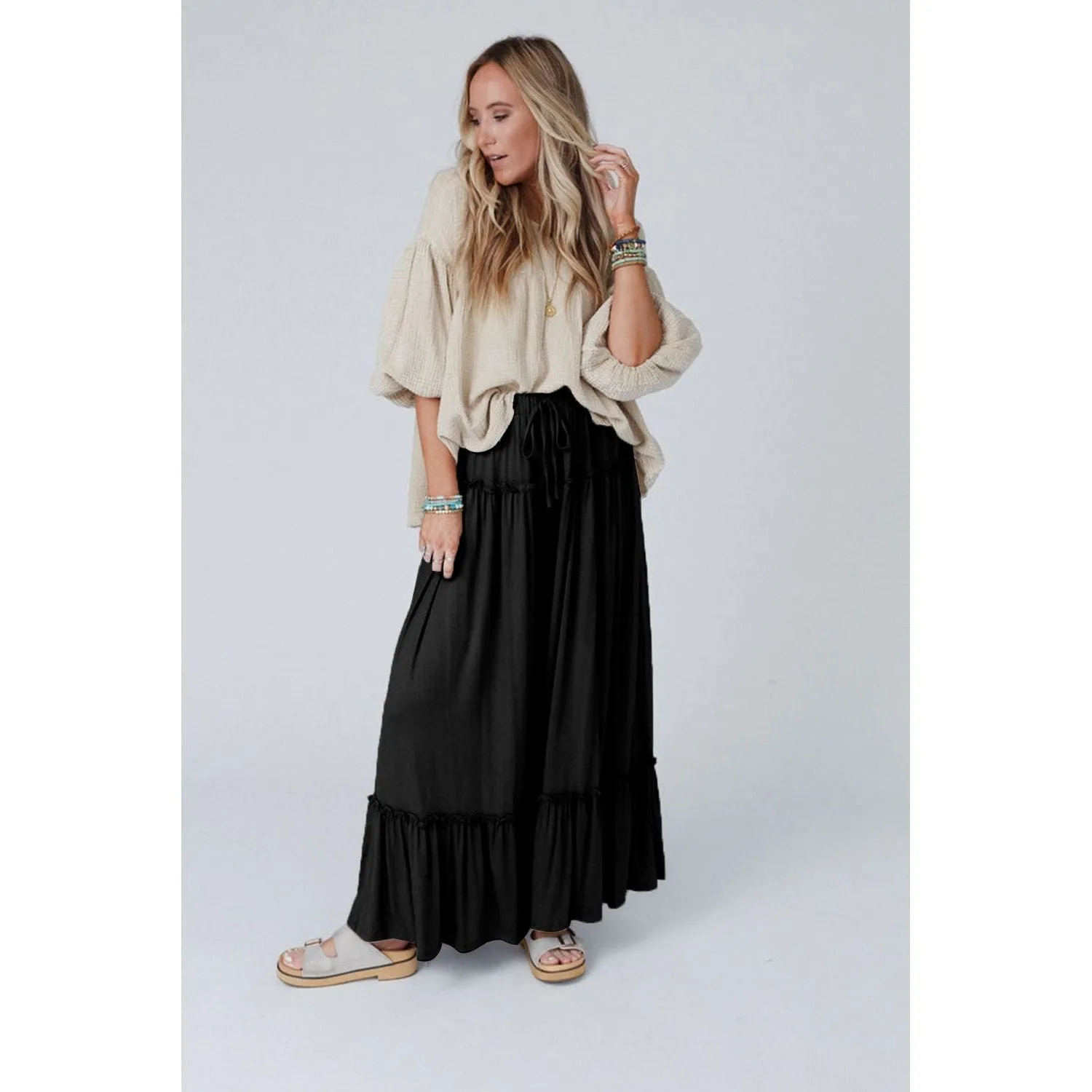 Black Frilled Drawstring High Waist Wide Leg Pants