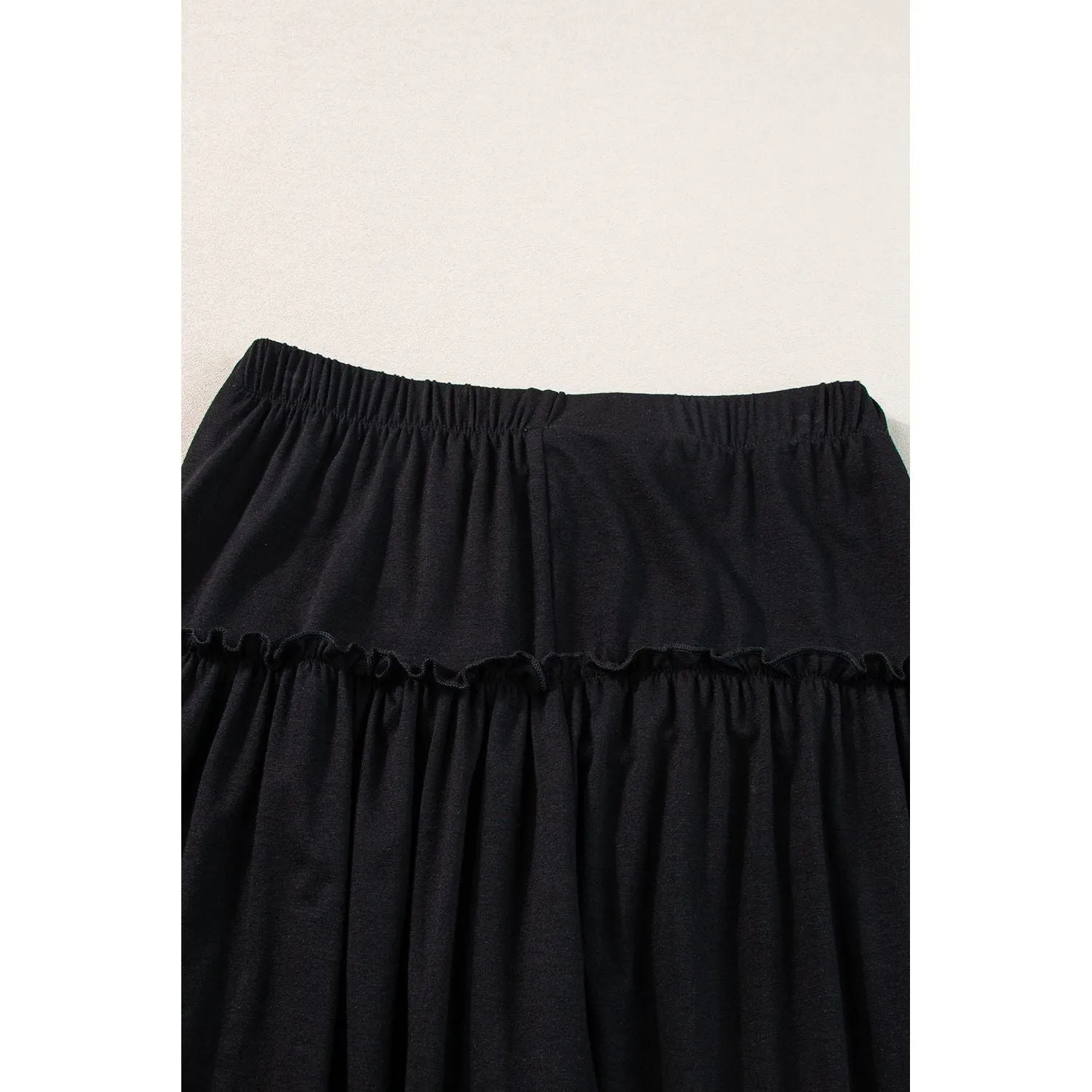 Black Frilled Drawstring High Waist Wide Leg Pants