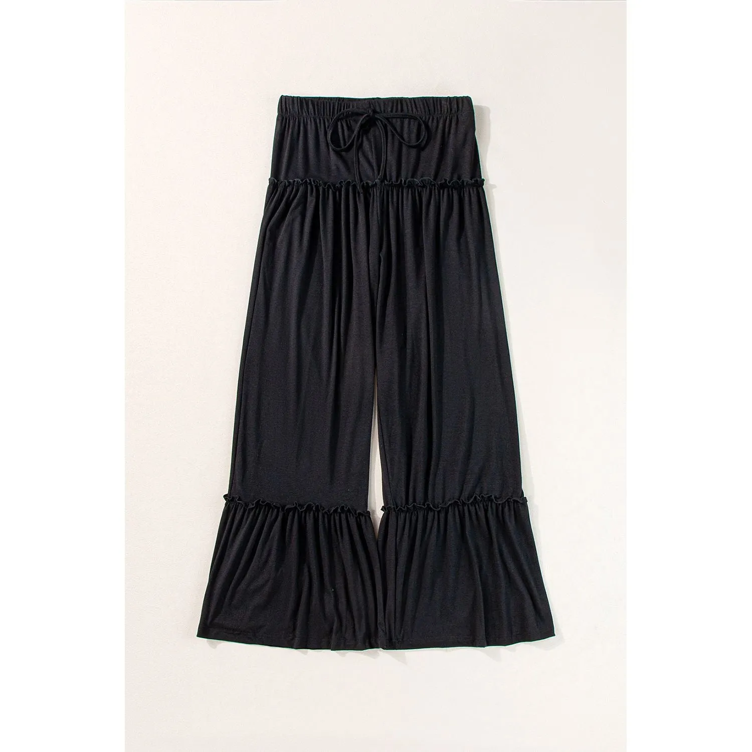 Black Frilled Drawstring High Waist Wide Leg Pants