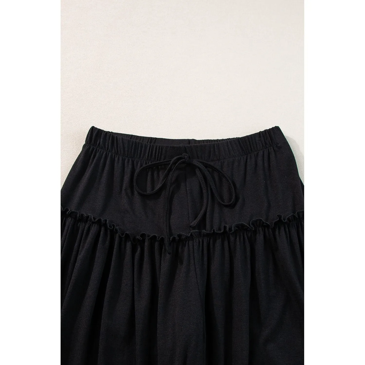 Black Frilled Drawstring High Waist Wide Leg Pants