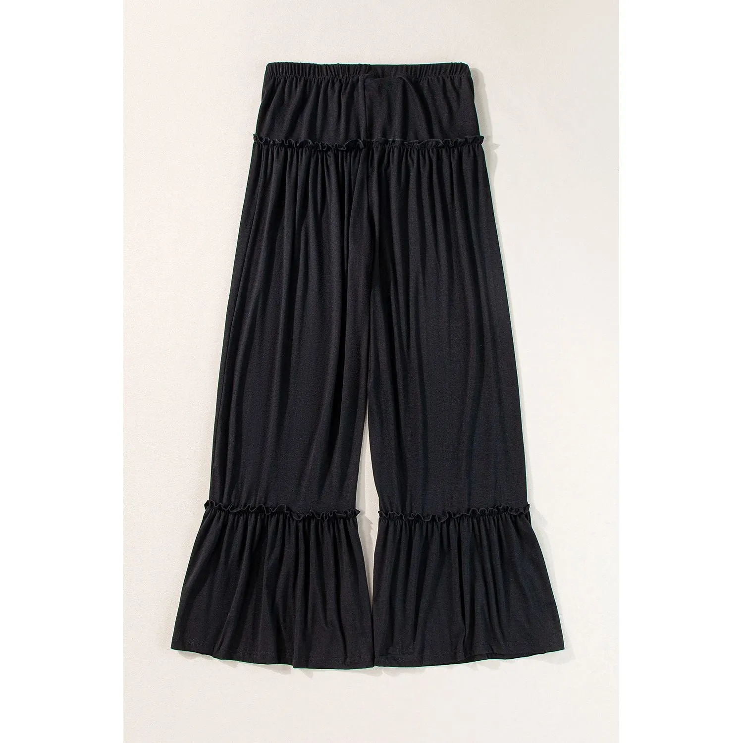 Black Frilled Drawstring High Waist Wide Leg Pants