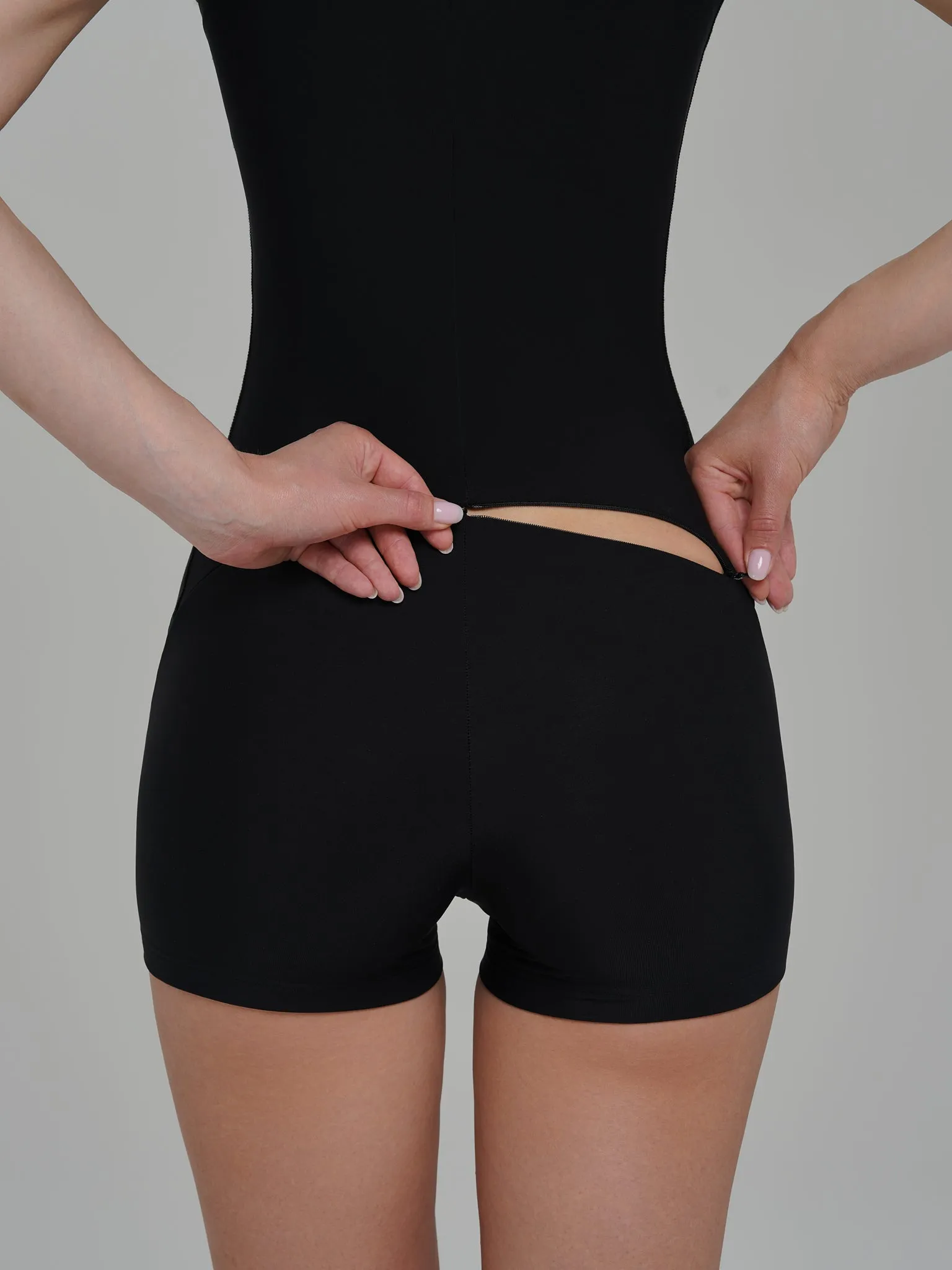 Black High Neck Short Sleeve Zip Up Shorts Bodysuit