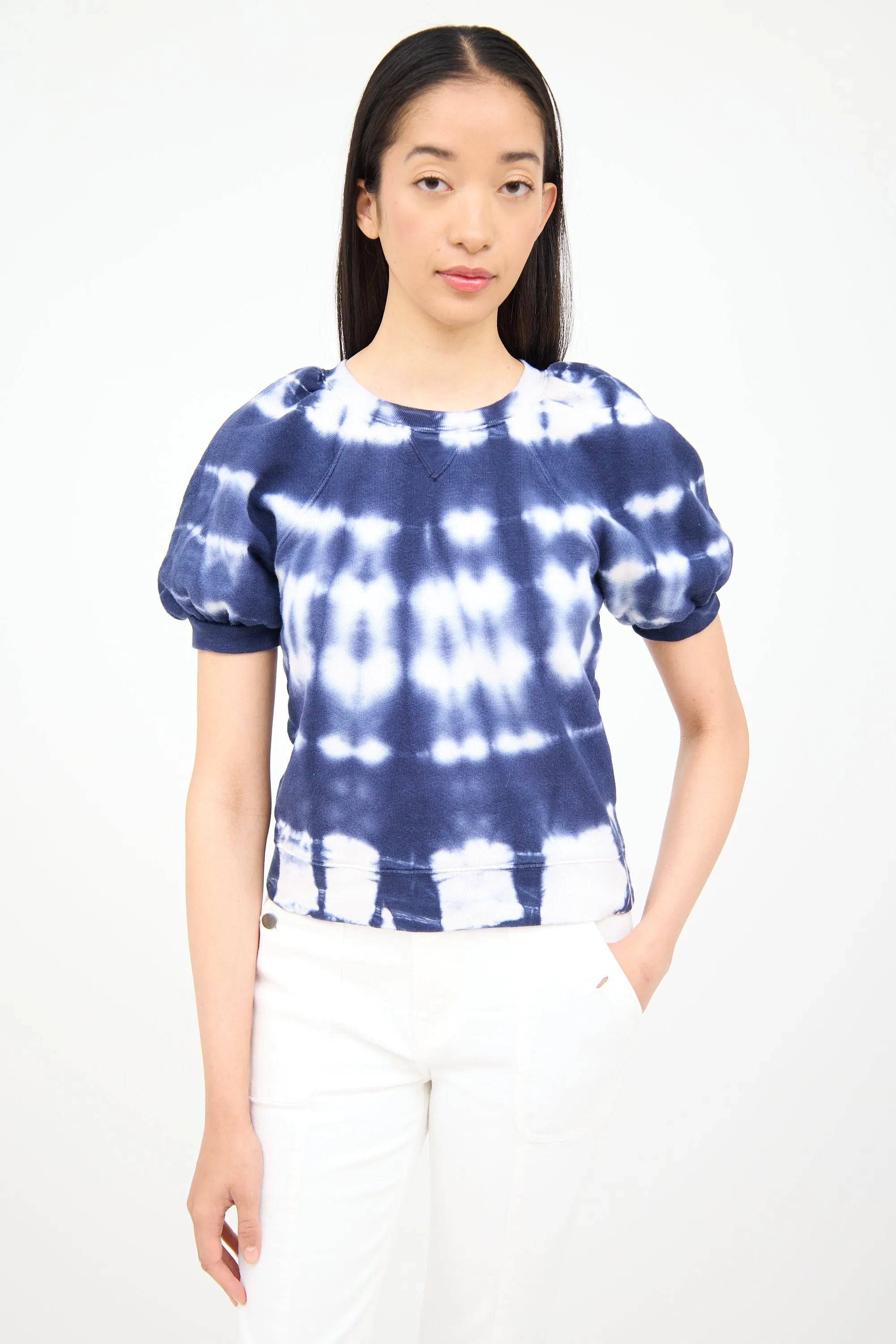 Blue & White Tie Dye Puff Sleeve Sweater