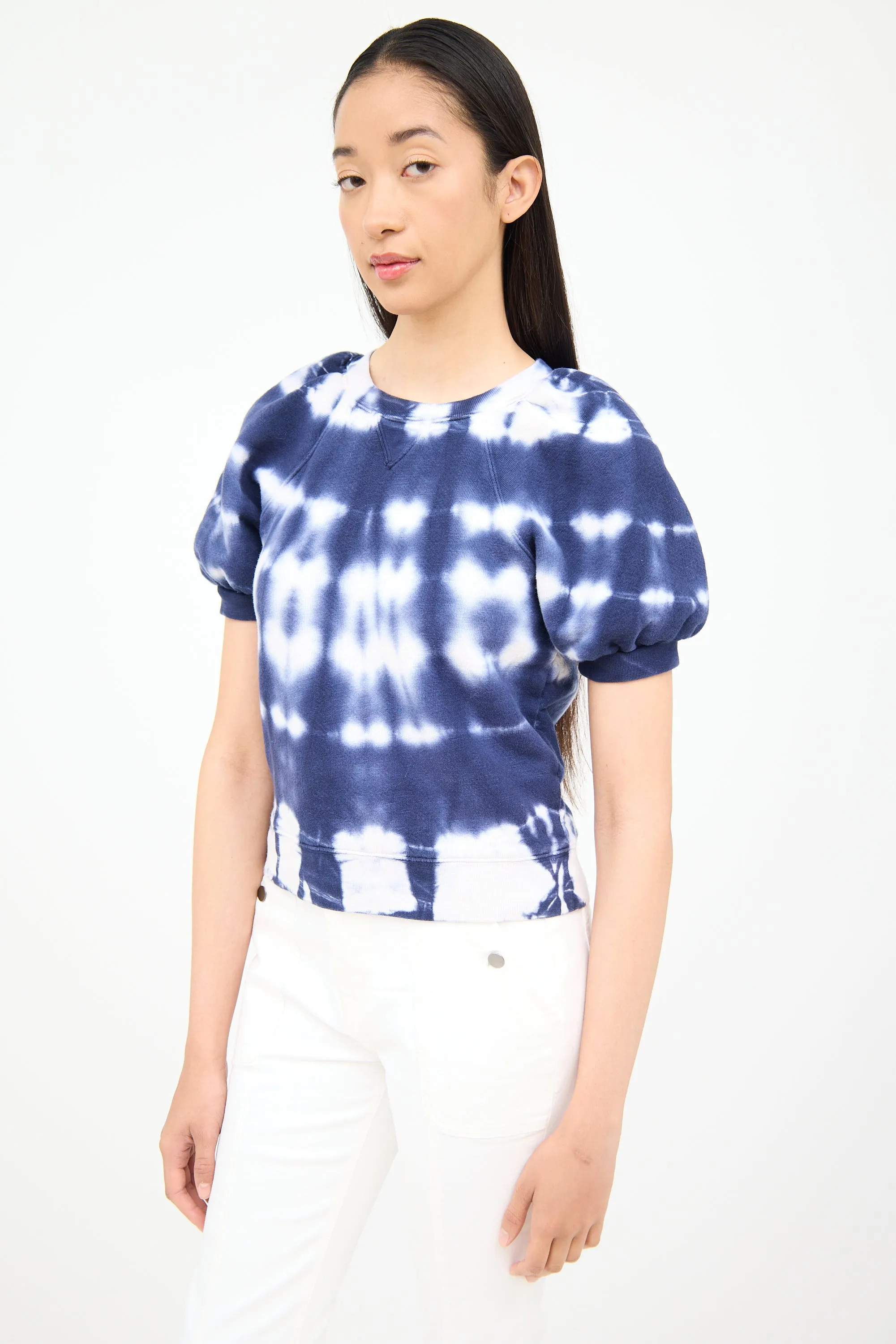 Blue & White Tie Dye Puff Sleeve Sweater