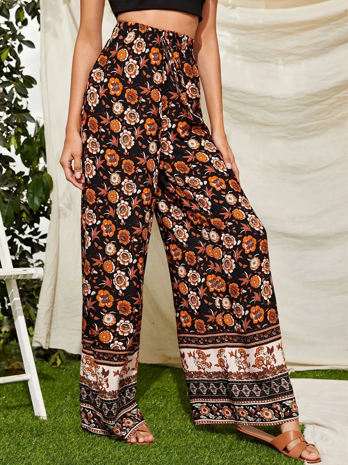 Bohemian Floral Print High Waist Drawstring Elastic Wide Leg Pants