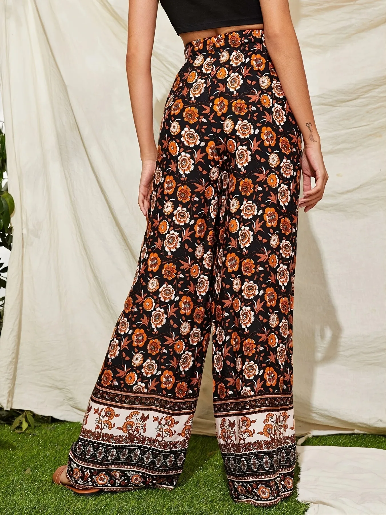 Bohemian Floral Print High Waist Drawstring Elastic Wide Leg Pants