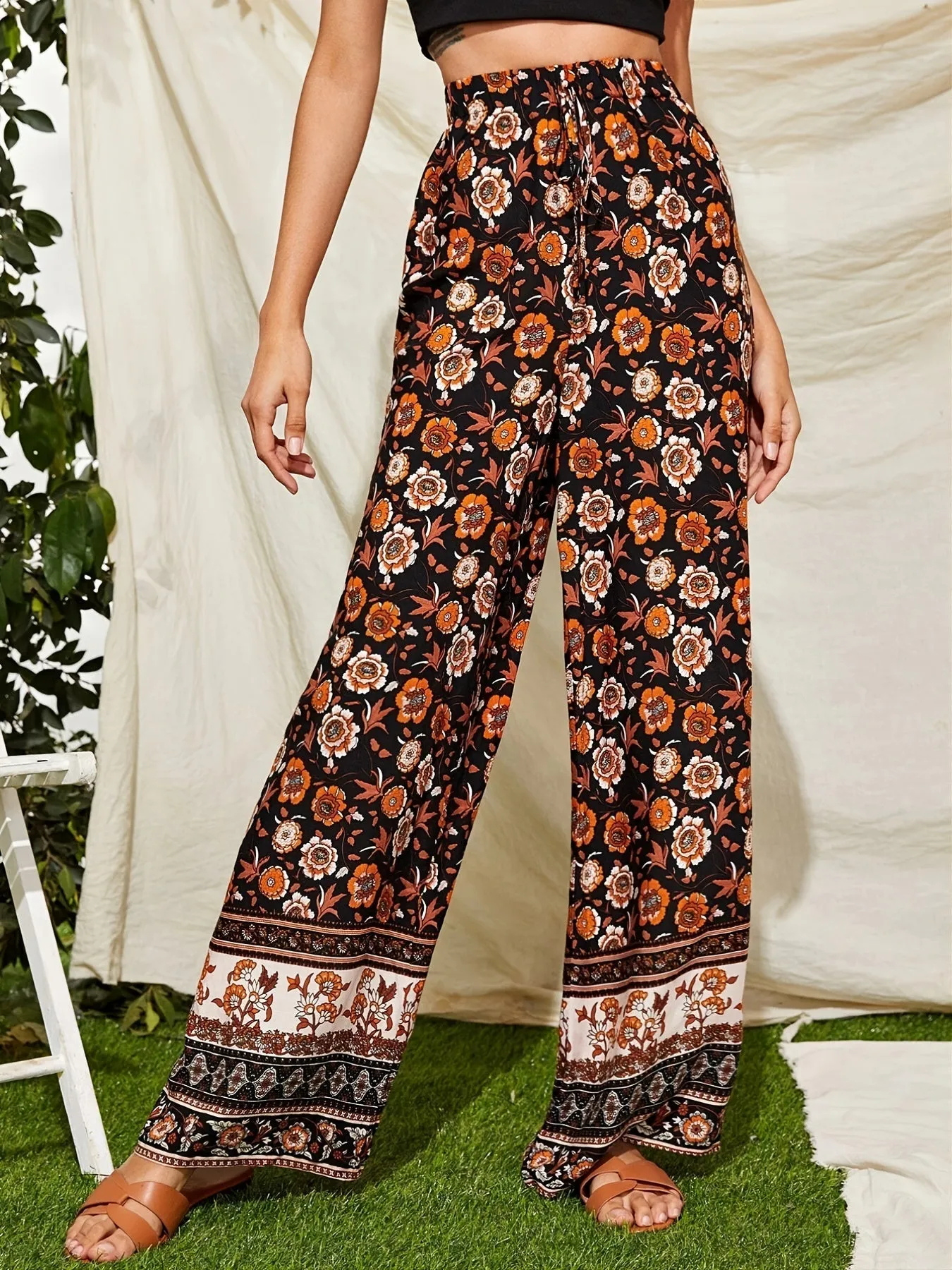 Bohemian Floral Print High Waist Drawstring Elastic Wide Leg Pants