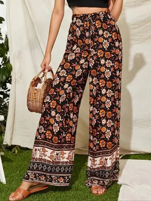 Bohemian Floral Print High Waist Drawstring Elastic Wide Leg Pants