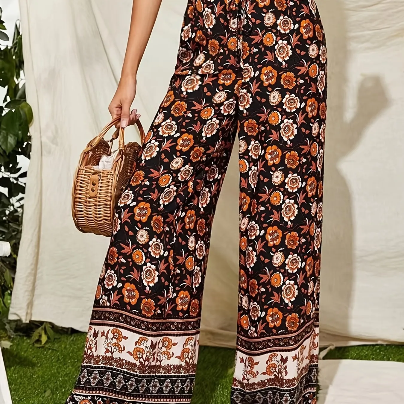 Bohemian Floral Print High Waist Drawstring Elastic Wide Leg Pants