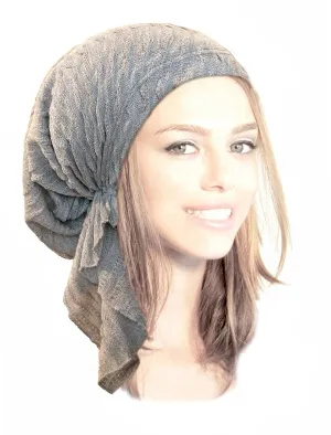 Boho Chic Pre-tied Head-Scarf Tichel Textured Breathable Knit Collection ShariRose (Silver grey sparkle short - sk03)