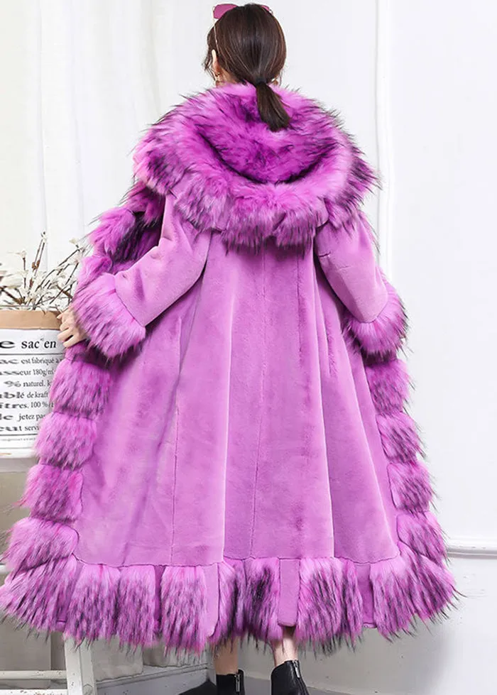 Boho Purple Fur Collar Patchwork Tie Waist Faux Fur Long Coat Winter LY9387