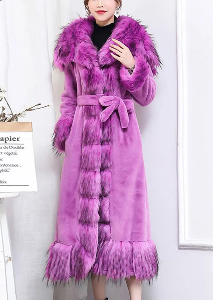 Boho Purple Fur Collar Patchwork Tie Waist Faux Fur Long Coat Winter LY9387