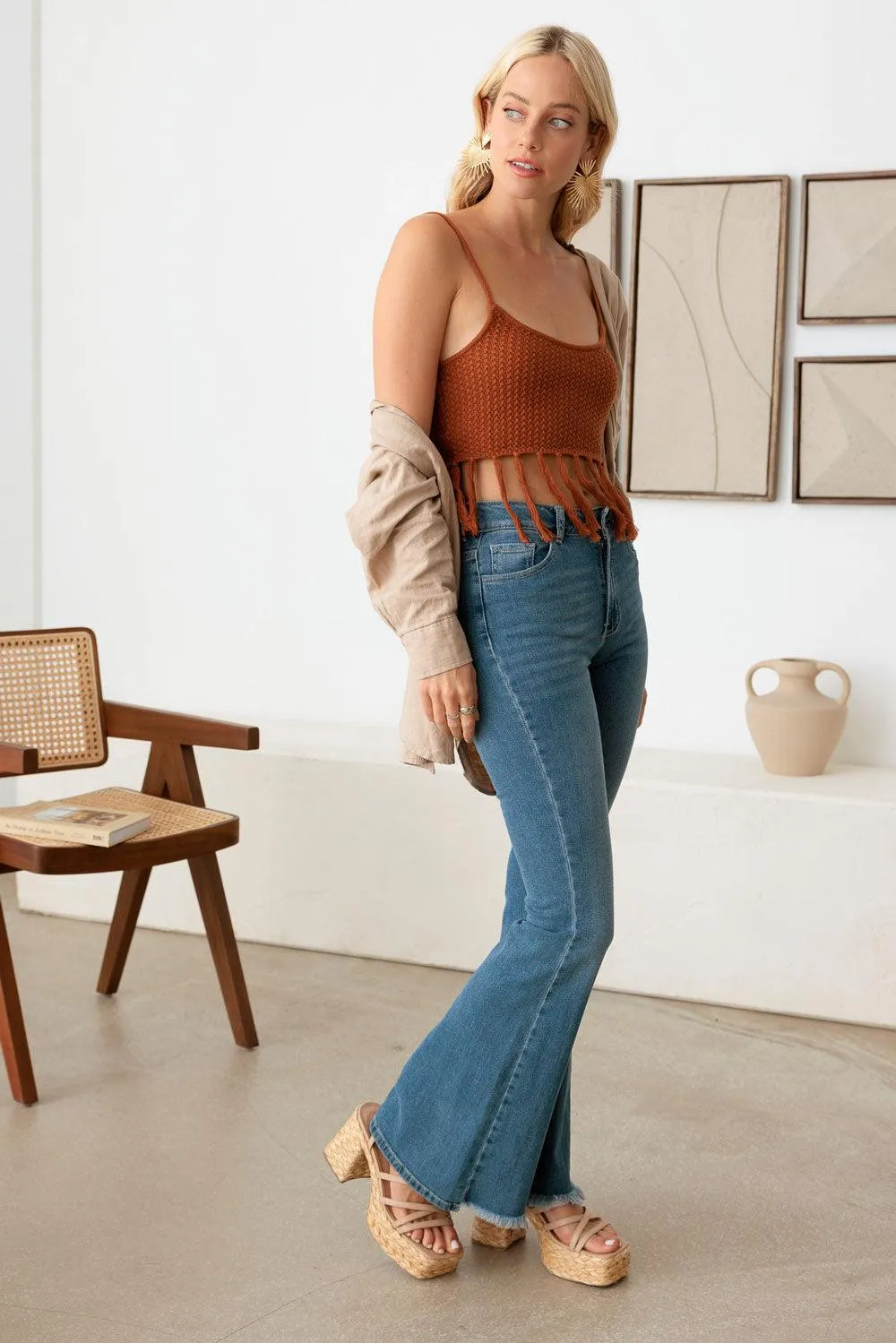 Boho Western Tassel Spaghetti Strap Crop Knit Top