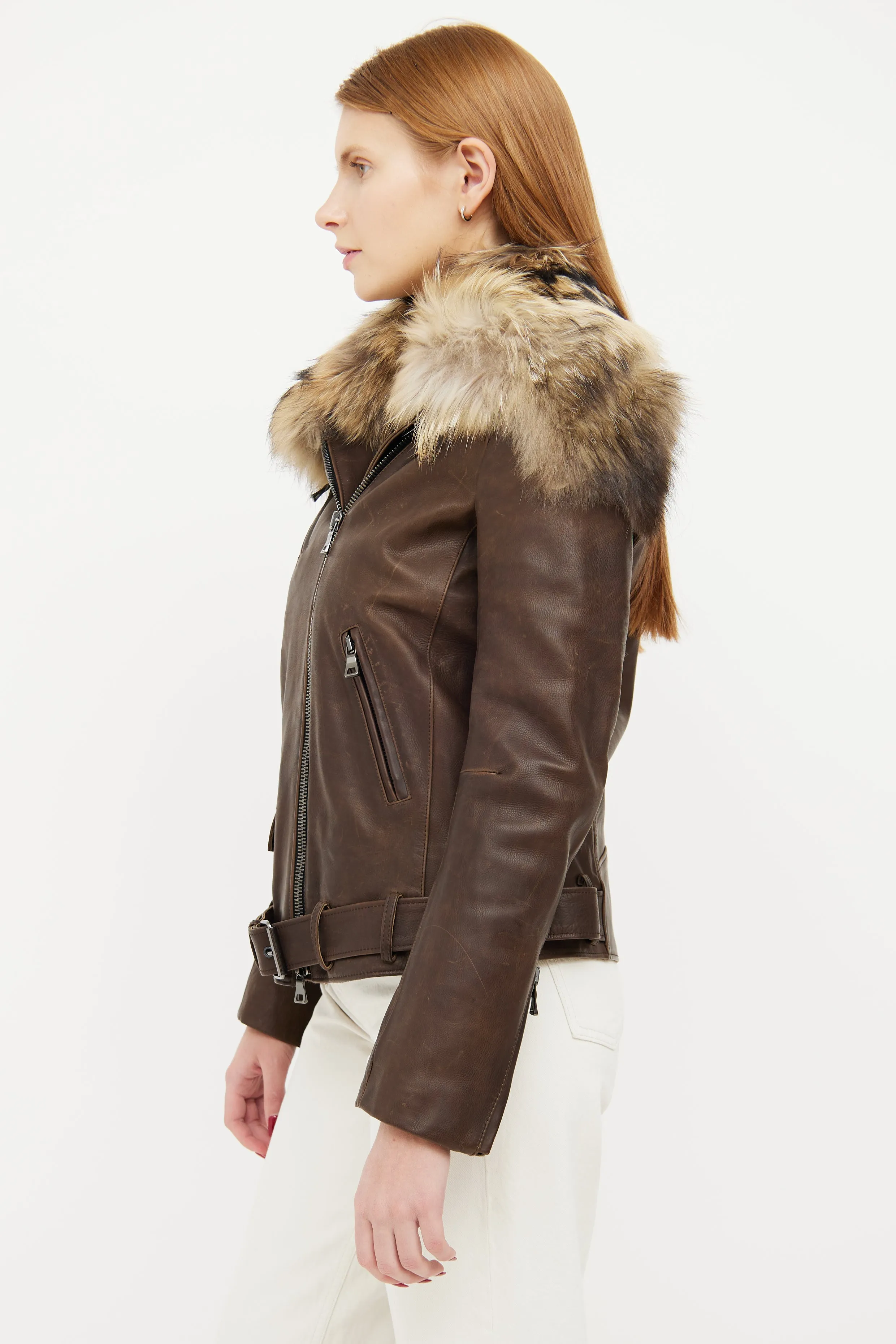 Brown Leather Fur Trim Collar Jacket