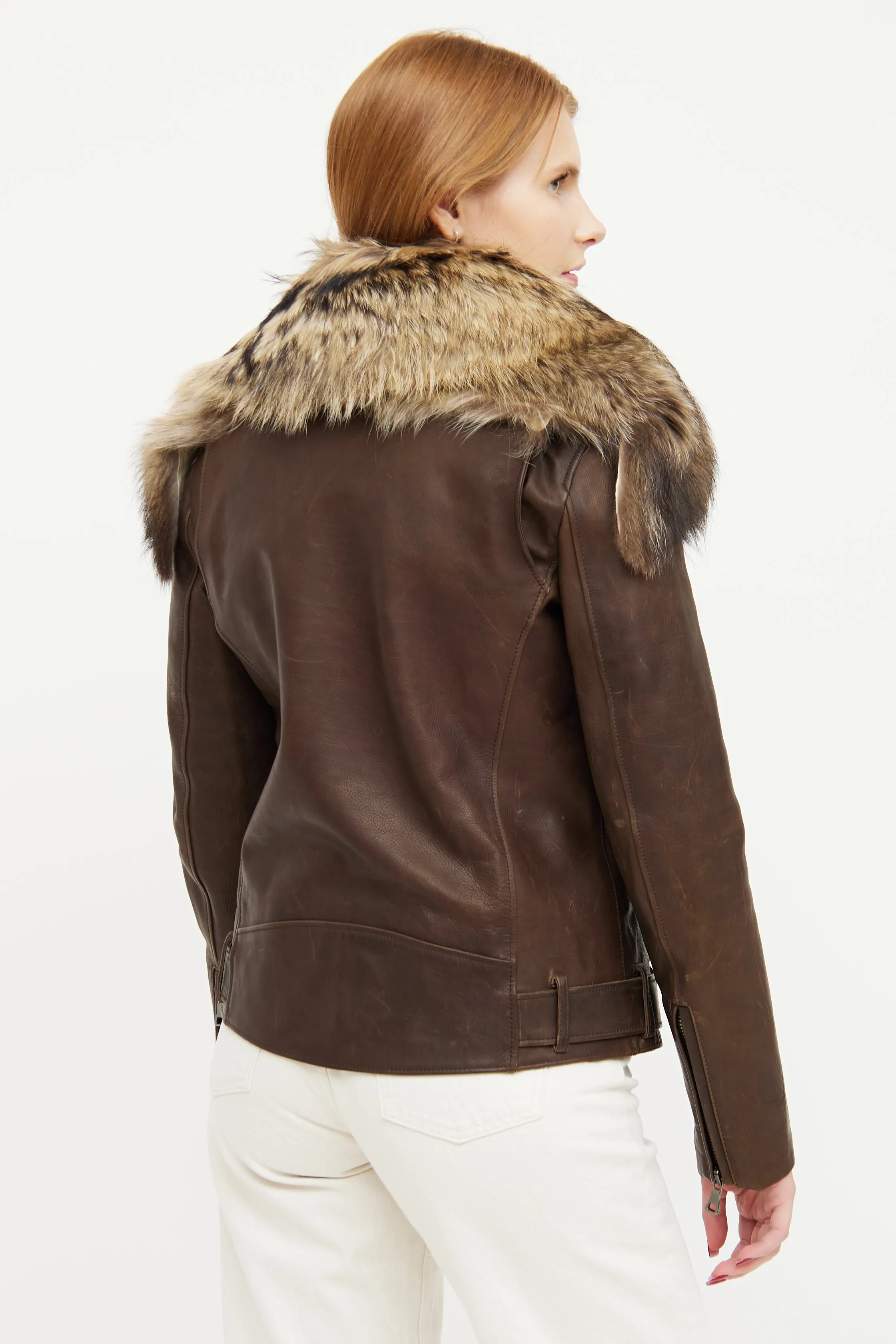 Brown Leather Fur Trim Collar Jacket