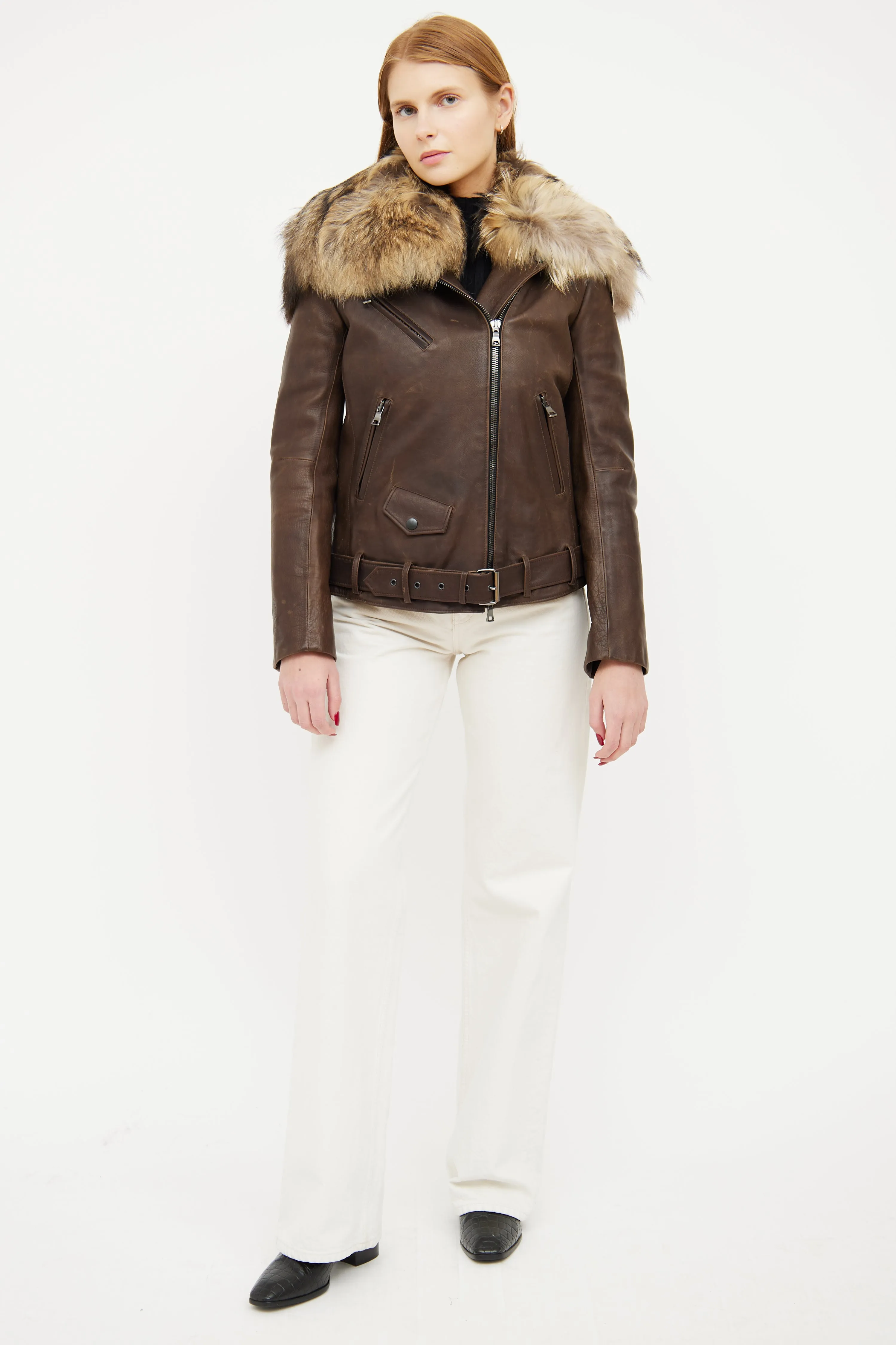 Brown Leather Fur Trim Collar Jacket