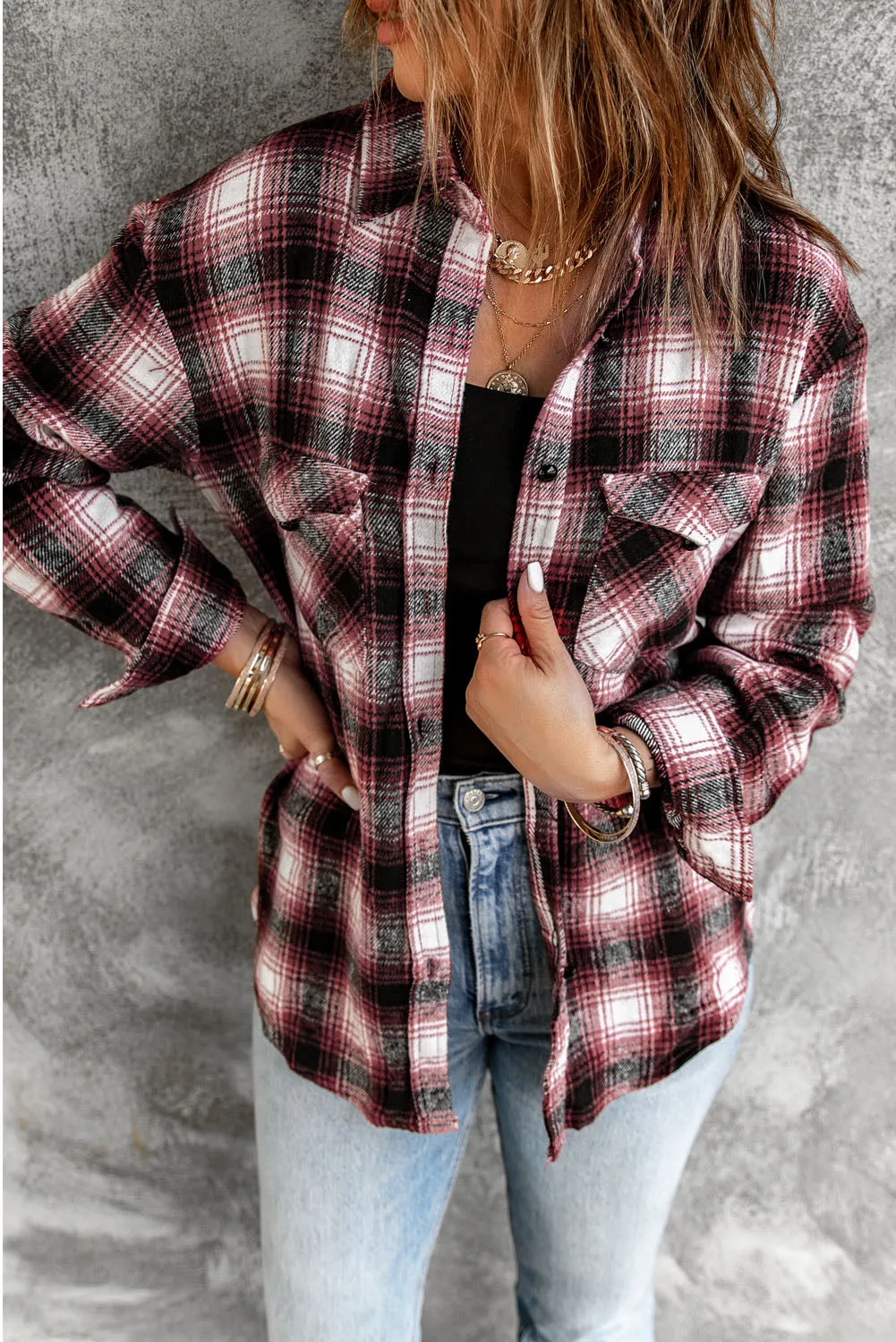 Button Up Collared Plaid Shirt for Women