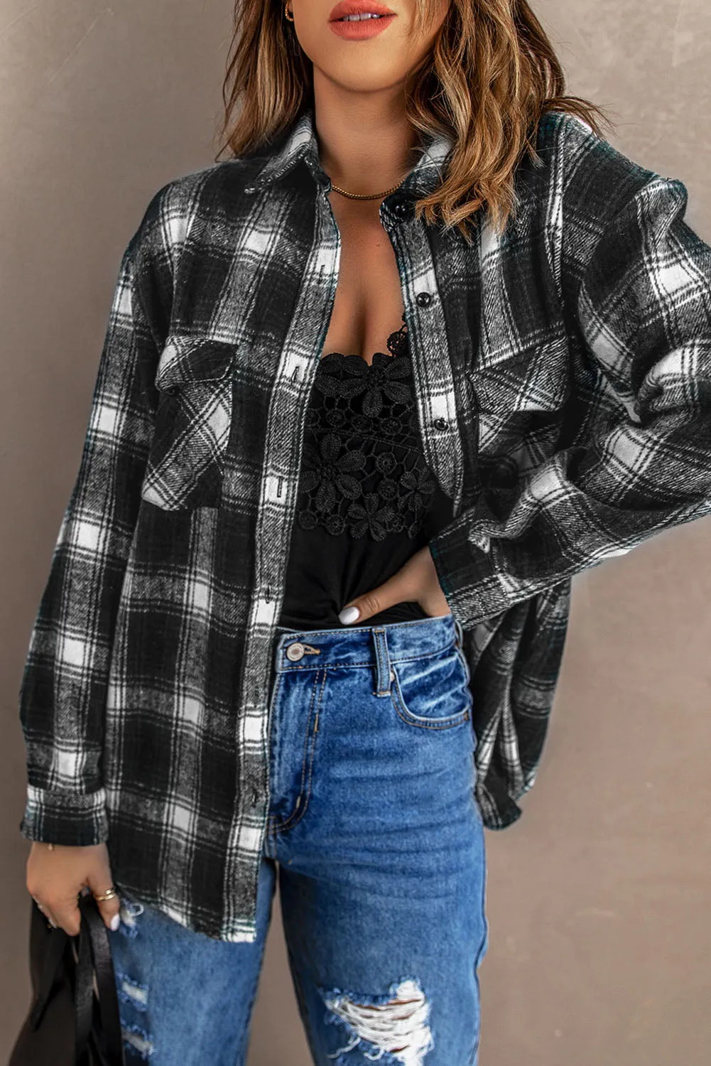 Button Up Collared Plaid Shirt for Women