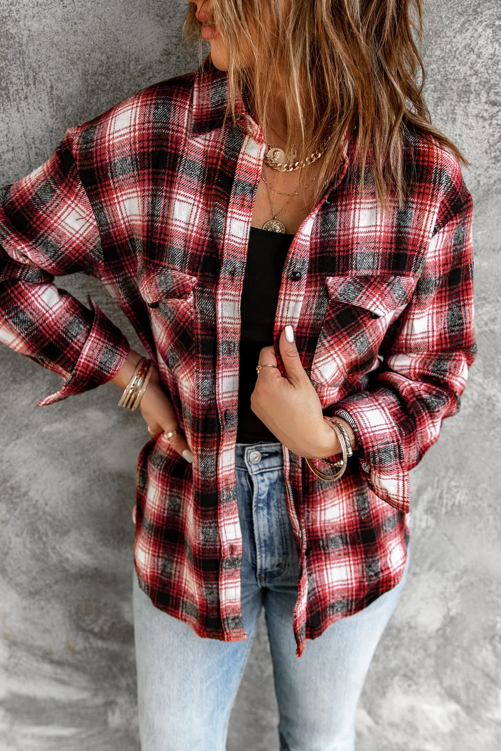 Button Up Collared Plaid Shirt for Women