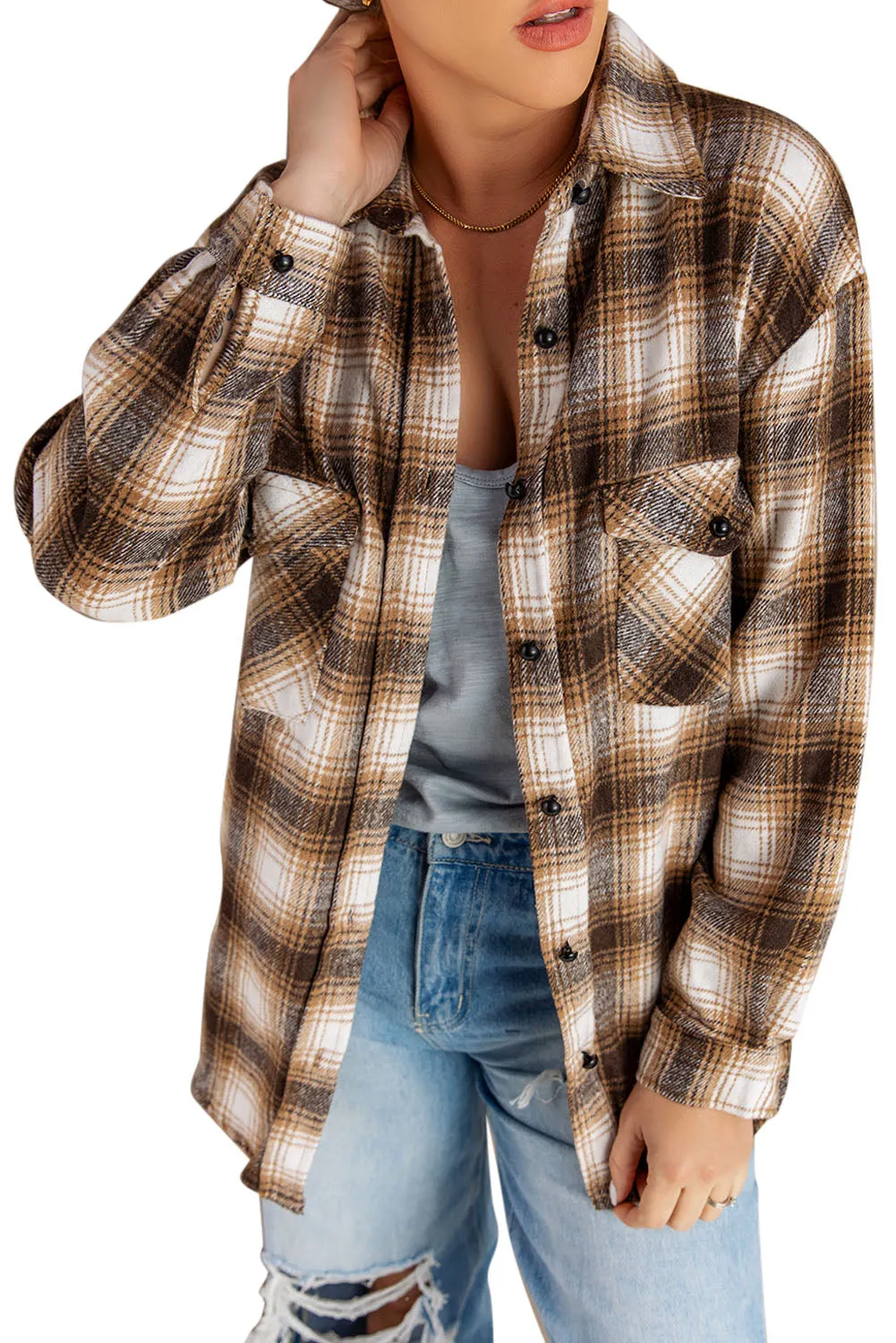 Button Up Collared Plaid Shirt for Women