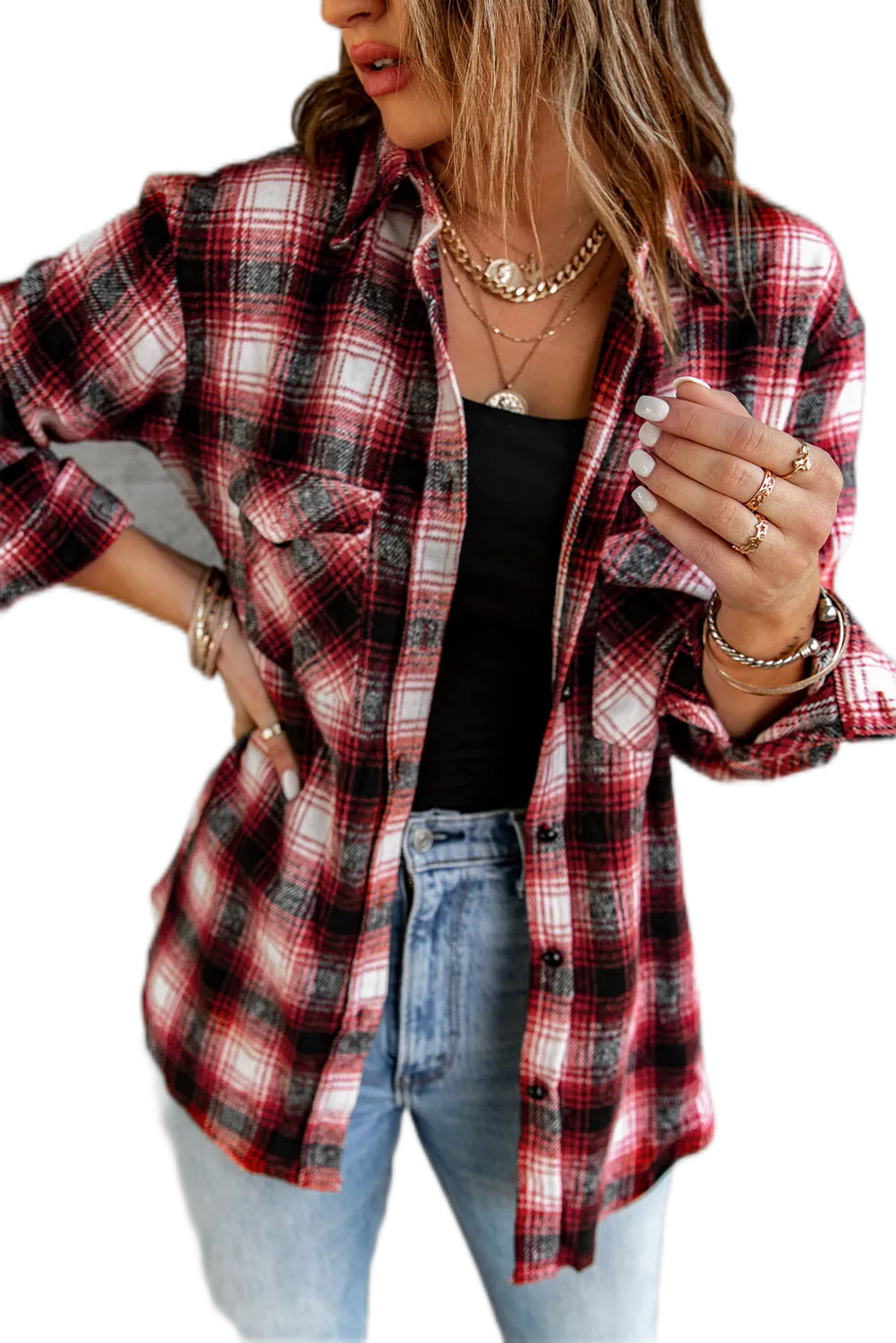 Button Up Collared Plaid Shirt for Women